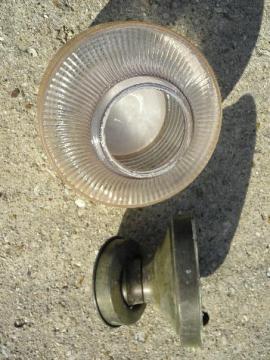 catalog photo of early electric vintage brass factory light, industrial ceiling fixture w/ original glass shade