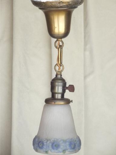 photo of early electric vintage brass pendant light w/ handpainted glass shade #1