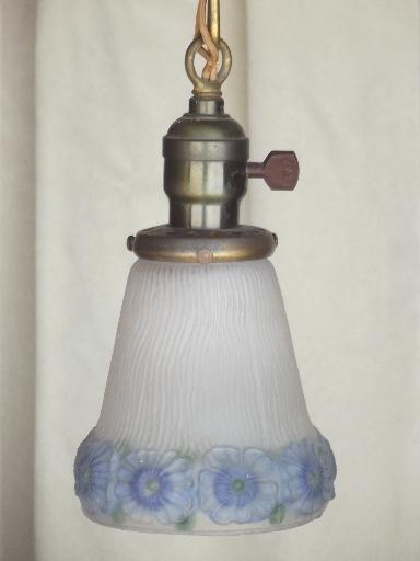 photo of early electric vintage brass pendant light w/ handpainted glass shade #2