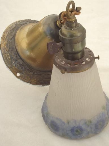 photo of early electric vintage brass pendant light w/ handpainted glass shade #3