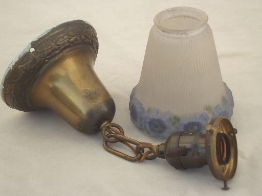 photo of early electric vintage brass pendant light w/ handpainted glass shade #5