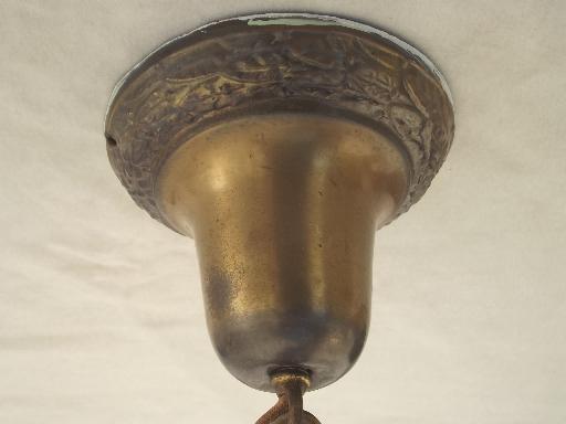 photo of early electric vintage brass pendant light w/ handpainted glass shade #9