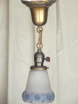 catalog photo of early electric vintage brass pendant light w/ handpainted glass shade