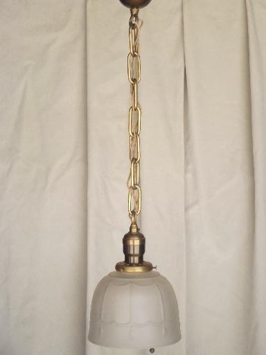 photo of early electric vintage brass pull switch pendant light w/ glass shade  #1