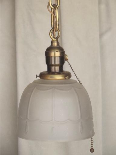 photo of early electric vintage brass pull switch pendant light w/ glass shade  #2