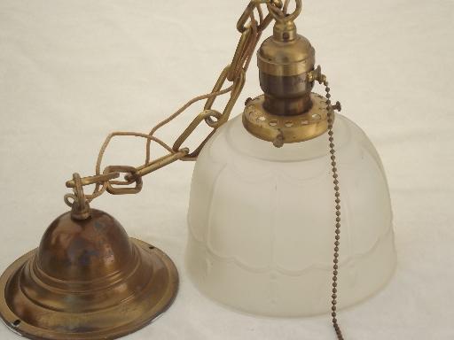 photo of early electric vintage brass pull switch pendant light w/ glass shade  #3