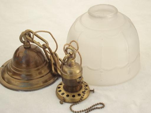 photo of early electric vintage brass pull switch pendant light w/ glass shade  #5