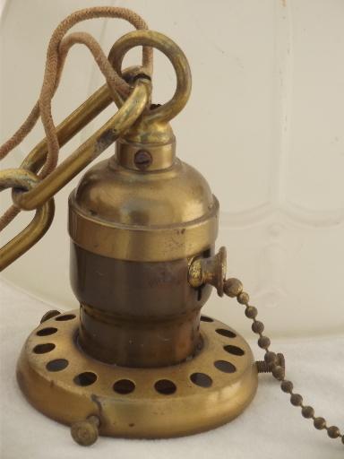 photo of early electric vintage brass pull switch pendant light w/ glass shade  #6