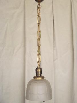 catalog photo of early electric vintage brass pull switch pendant light w/ glass shade 