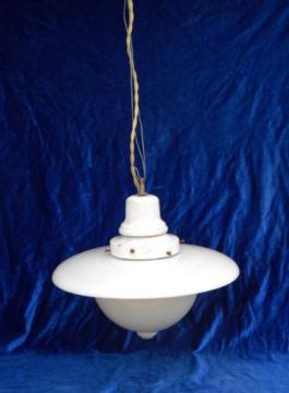 catalog photo of early electric vintage, industrial pendant light w/ milk glass reflector shade