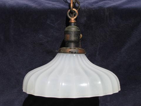 photo of early electric vintage industrial pendant light, old translucent white glass shade #1