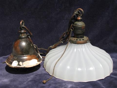 photo of early electric vintage industrial pendant light, old translucent white glass shade #3