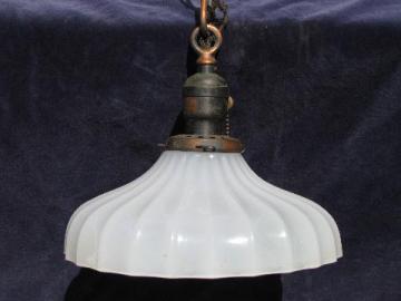 catalog photo of early electric vintage industrial pendant light, old translucent white glass shade