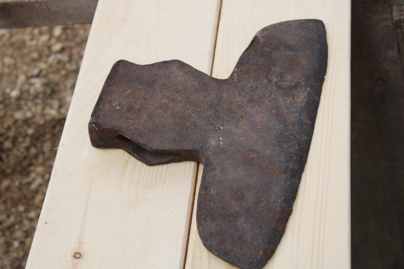 photo of early hand forged broad ax, axe head 1800s vintage American pioneer tool for hewing logs barn beams #1