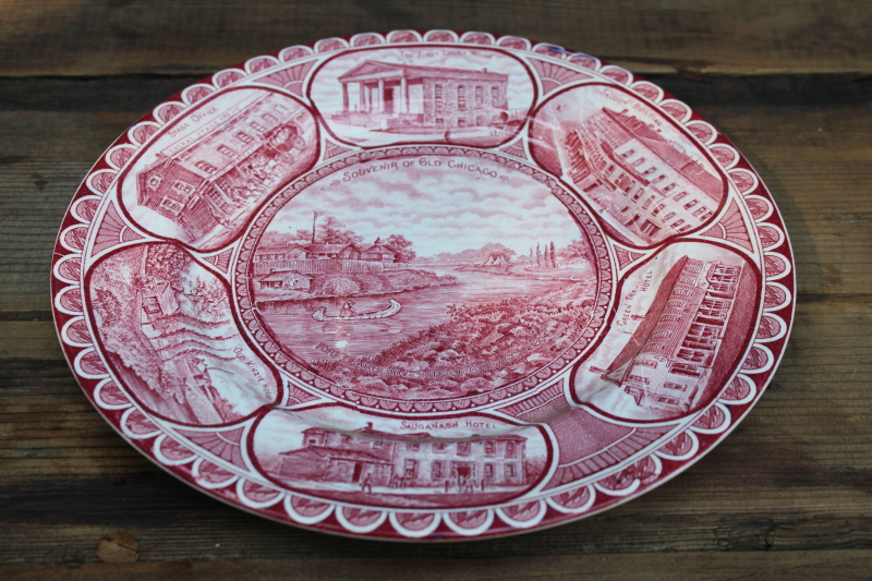 photo of early historic pre fire Chicago scenes, vintage red transferware print china souvenir plate #1
