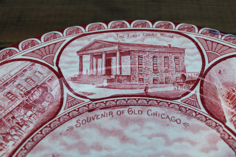 photo of early historic pre fire Chicago scenes, vintage red transferware print china souvenir plate  #2