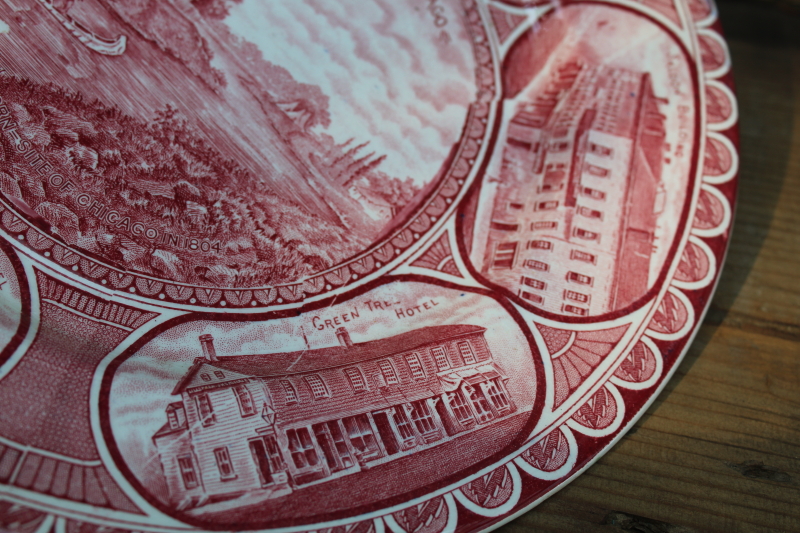 photo of early historic pre fire Chicago scenes, vintage red transferware print china souvenir plate  #3