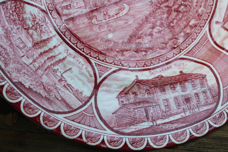 photo of early historic pre fire Chicago scenes, vintage red transferware print china souvenir plate  #4