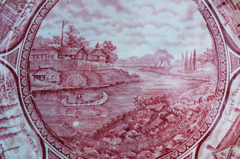 photo of early historic pre fire Chicago scenes, vintage red transferware print china souvenir plate  #5