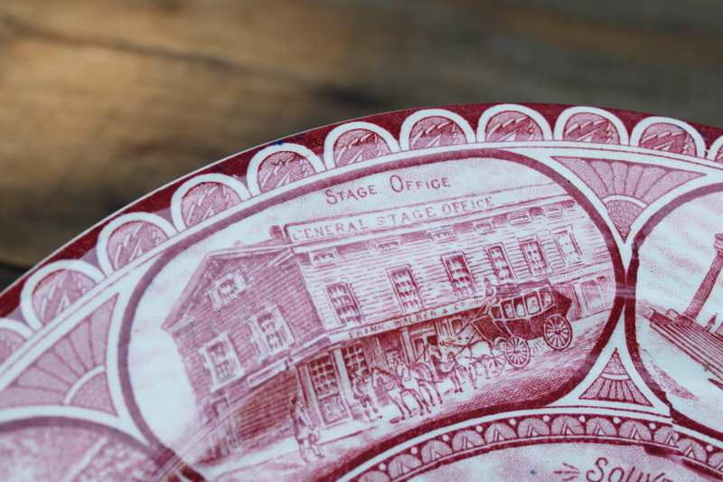 photo of early historic pre fire Chicago scenes, vintage red transferware print china souvenir plate  #6