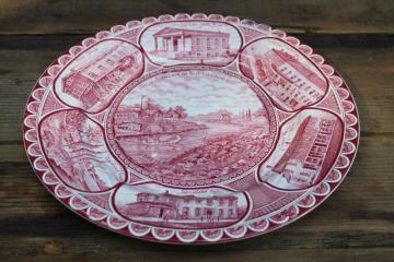 catalog photo of early historic pre fire Chicago scenes, vintage red transferware print china souvenir plate 