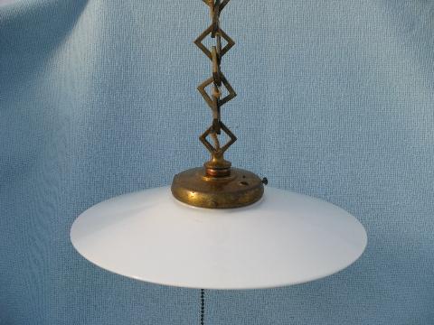 photo of early industrial vintage electric pendant light, flat milk glass reflector shade #1