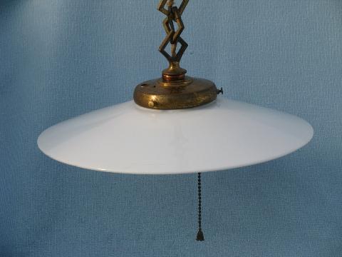 photo of early industrial vintage electric pendant light, flat milk glass reflector shade #3