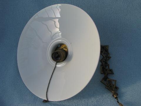 photo of early industrial vintage electric pendant light, flat milk glass reflector shade #5