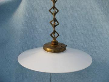 catalog photo of early industrial vintage electric pendant light, flat milk glass reflector shade