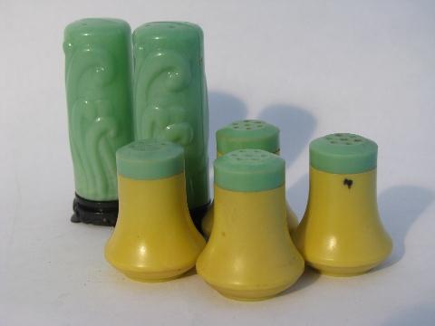 photo of early plastic vintage salt & pepper shakers, jadite green & ivory S&P lot #1
