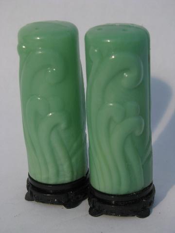 photo of early plastic vintage salt & pepper shakers, jadite green & ivory S&P lot #2
