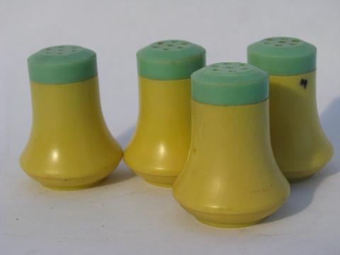 photo of early plastic vintage salt & pepper shakers, jadite green & ivory S&P lot #3