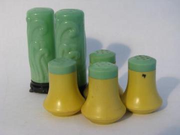 catalog photo of early plastic vintage salt & pepper shakers, jadite green & ivory S&P lot