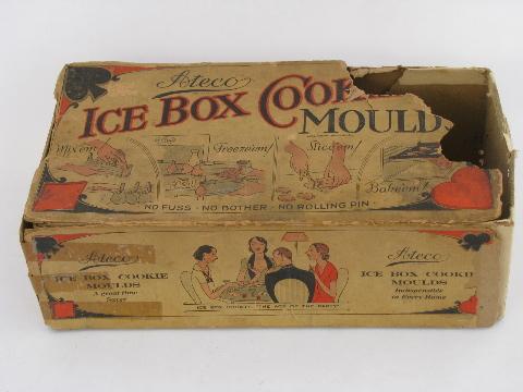 photo of early refrigerator vintage antique icebox cookie molds, 1920s deco bridge set theme #4