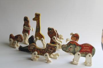 catalog photo of early vintage Fisher Price circus animals, print paper wood toys w/ plastic legs 