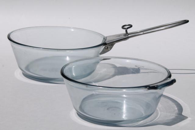 photo of early vintage Pyrex flameware blue tint glass pans w/ antique metal clip on handle #1