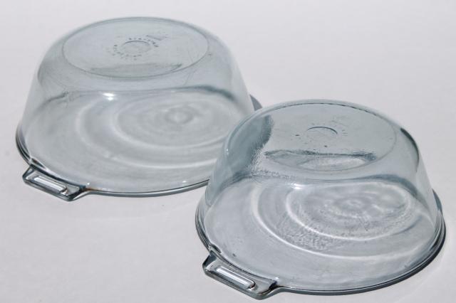 photo of early vintage Pyrex flameware blue tint glass pans w/ antique metal clip on handle #5