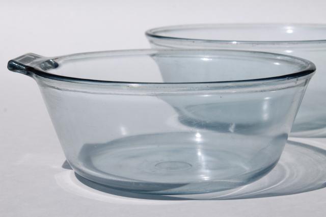 photo of early vintage Pyrex flameware blue tint glass pans w/ antique metal clip on handle #6