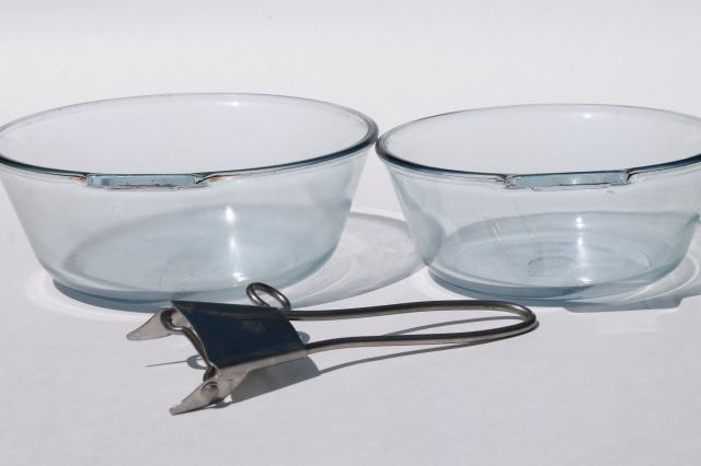 photo of early vintage Pyrex flameware blue tint glass pans w/ antique metal clip on handle #9