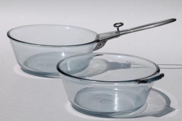 catalog photo of early vintage Pyrex flameware blue tint glass pans w/ antique metal clip on handle