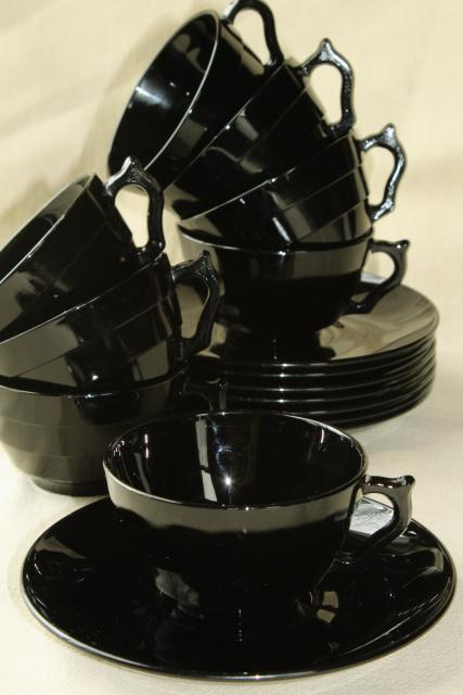 photo of ebony black depression glass cups & saucers, art deco vintage elegant glass #2