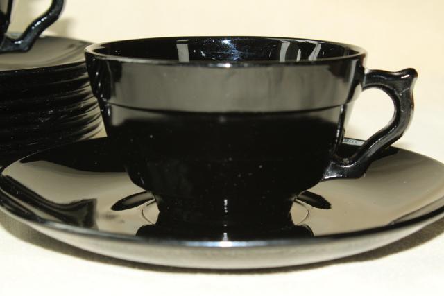 photo of ebony black depression glass cups & saucers, art deco vintage elegant glass #3