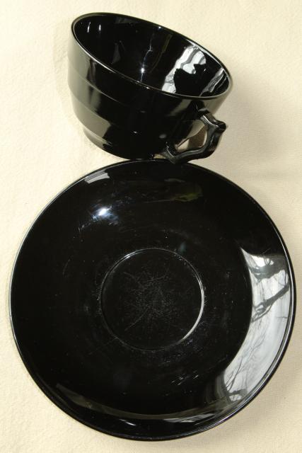 photo of ebony black depression glass cups & saucers, art deco vintage elegant glass #5