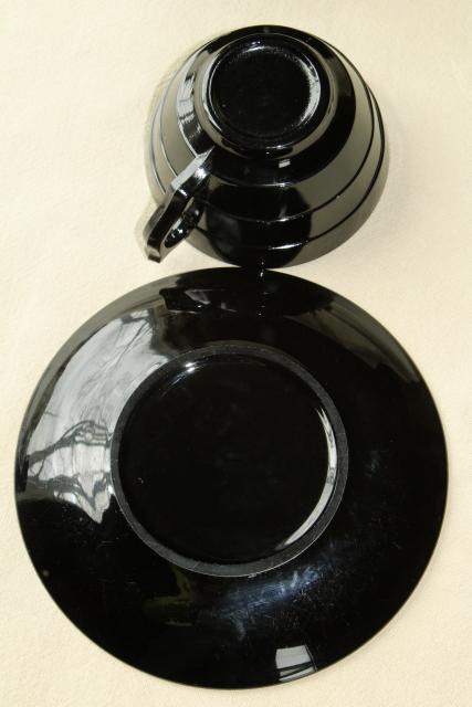 photo of ebony black depression glass cups & saucers, art deco vintage elegant glass #6