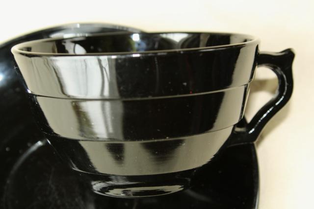 photo of ebony black depression glass cups & saucers, art deco vintage elegant glass #7