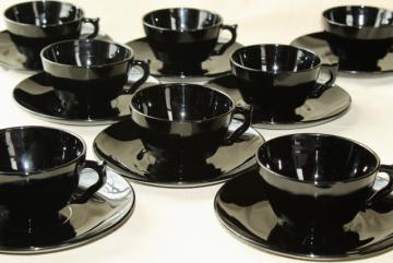 catalog photo of ebony black depression glass cups & saucers, art deco vintage elegant glass