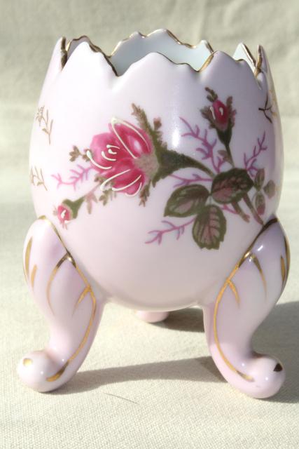 photo of egg shaped pink china flower vase for bulb or Easter flowers, vintage Lefton Japan #1