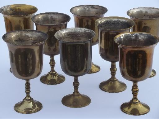 photo of eight silver plate lined solid brass goblets, vintage wine glasses set #1