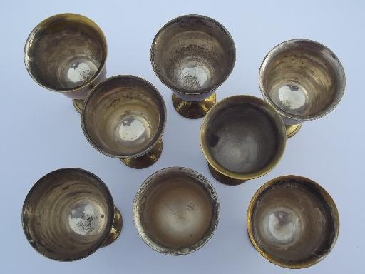 photo of eight silver plate lined solid brass goblets, vintage wine glasses set #2