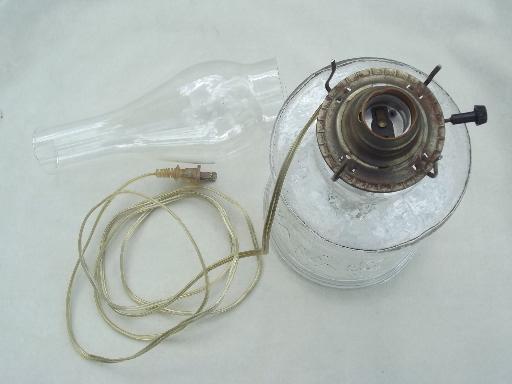 photo of electricfied old glass  kero oil lamp, vintage chimney shade lamp #5